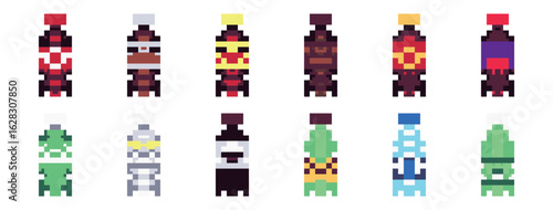 Drink Bottles Pixel Art Colorful Soda Sprites for Retro 8-Bit Games