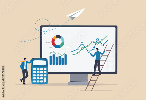 Financial report chart and graph diagram, economics or budget analysis, investment statistic dashboard, revenue or finance research concept, businessman analyze financial report on computer screen.