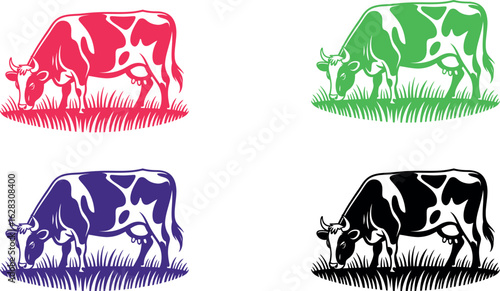 Four stylized cows grazing in different colors red green blue and black on a white background