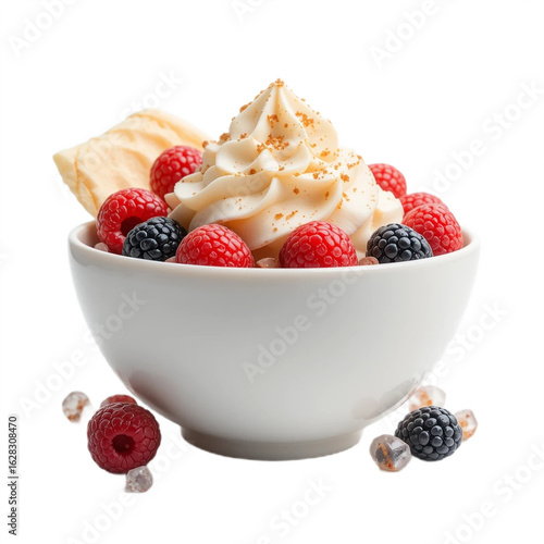 Delicious frozen yogurt with berries and chips in a bowl on white background