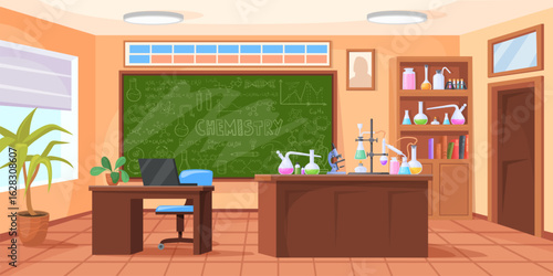 Chemical lab room. Chemistry school classroom cartoon interior, science research experiment desk medical laboratory tools table biology medicine education, neat vector illustration