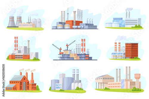 Cartoon plants factories buildings. Industrial complex building exterior, power plan nuclear energy station or chemical production oil gas factory set, neat vector illustration