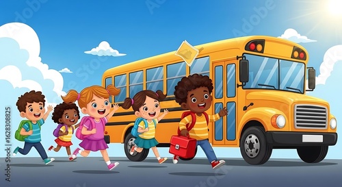 Cartoon illustration of children running towards a yellow school bus on a sunny day with blue sky