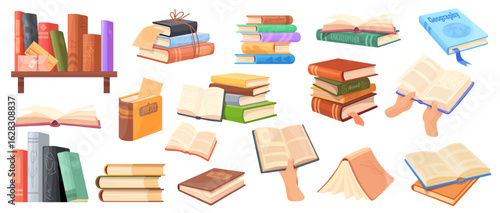 Cartoon books stack. Book pile reading, school education study open textbook paper notebook bookstore or home library literature bookshelf read storybook, neat vector illustration