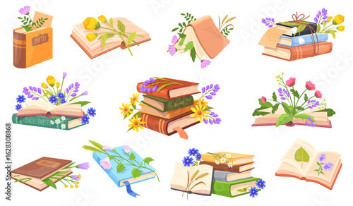 Cartoon books flowers. School book with summer spring flower bouquet, bloom open textbook floral cover romance novel history literature read sticker set, neat vector illustration