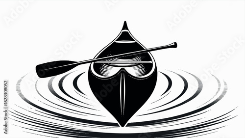 Minimalist black and white canoe silhouette with paddle for outdoor adventure and travel