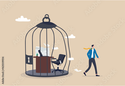Break free, quit exhausted day job to start new business, escape for freedom, resign from toxic workplace or retirement concept, confidence businessman break free from toxic working desk bird cage. 