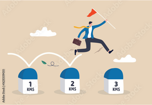 Project milestone to progress toward business goal, journey or execution to achieve business success concept, skillful businessman holding success flag jumping on milestones reaching target.