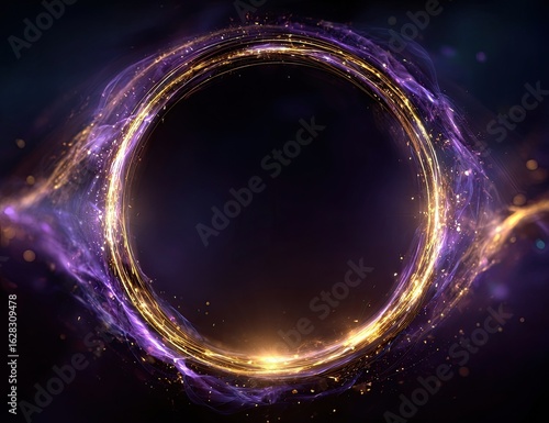 Circular frame of golden light, purple energy swirling around