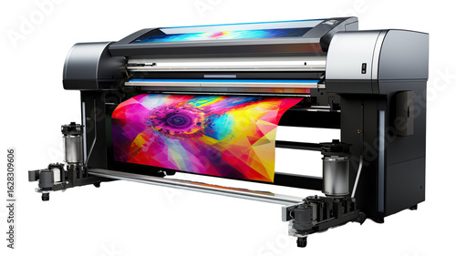 Modern large format printer with vibrant color output on white background