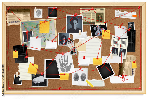 Realistic detective board. True crime investigate, corkboard with pin red threads string on wall criminal police clues evidence spy pinboard paper notes, exact vector illustration
