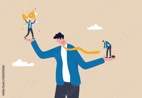 Social comparison anxiety, compare yourself to others, discourage of failure, loser or self motivation problem concept, sad depressed man stand on his hand compare himself with winning colleague.