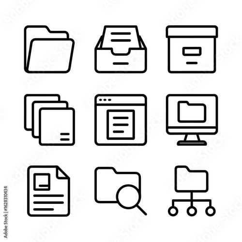 Data repository vector icons. Outline symbols. Line design