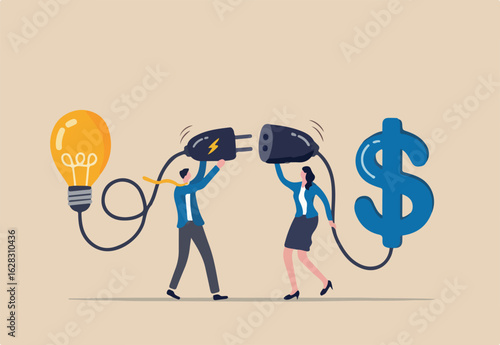 Venture capital or financial support for startup and entrepreneur company, make money idea or idea pitching for fund raising concept, businessman and woman connect lightbulb with money dollar sign.