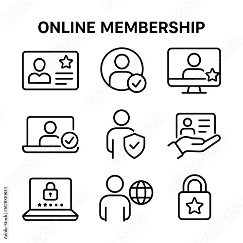 User account and premium access icons. Outline symbols. Line design