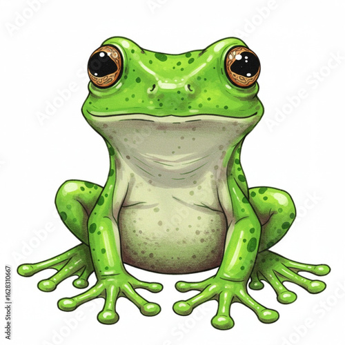 Vector art of cute green frog sitting and looking forward isolated on white background