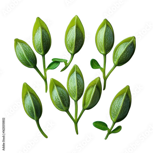 Six green plant buds with delicate stems and leaves isolated on transparent background