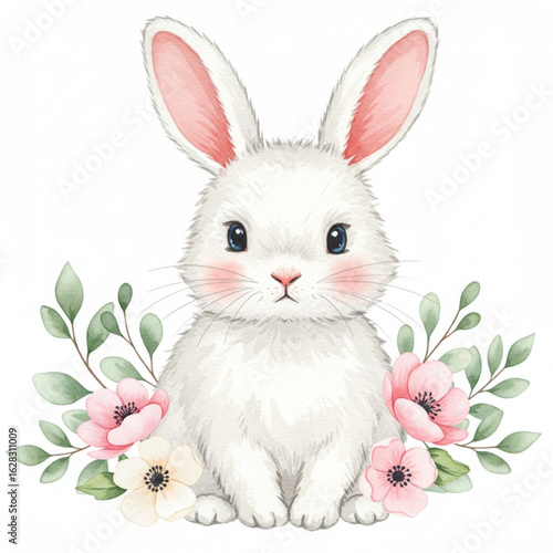 Vector art of adorable white bunny with pink flowers isolated on white background