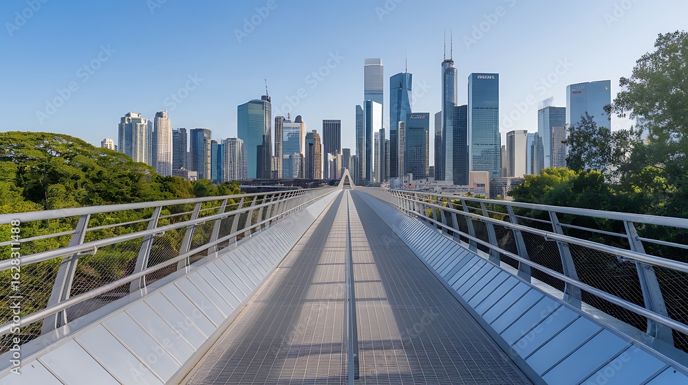 Obraz premium A Modern City Skyline Viewed from a Pedestrian Bridge