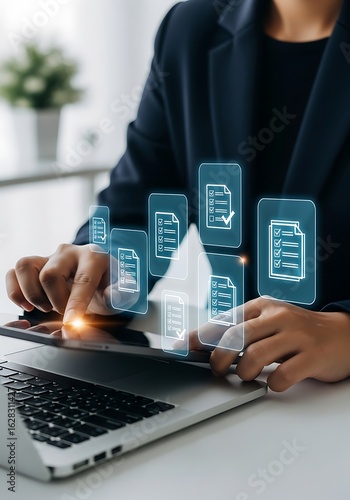 Business Professional Efficiently Managing Digital Documents And Tasks With Innovative Technology Interface For Streamlined Workflows