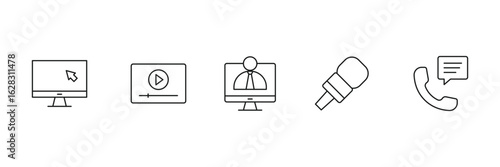 Digital media communication icons set for screen interaction video call microphone phone chat broadcast online interface device network vector illustration.