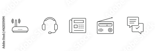 Wireless communication device icon set with router headset telephone radio messaging chat signal interface network technology media vector illustration.
