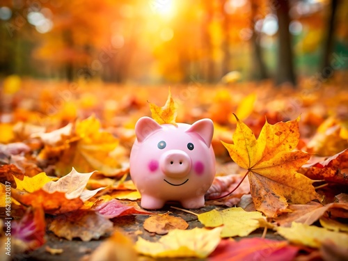 Fototapeta Naklejka Na Ścianę i Meble -  Piggy bank surrounded by autumn leaves in a forest, symbolizing savings and financial planning during fall