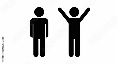 Two black minimalist human pictograms, one standing still and the other with arms raised in a victory pose.