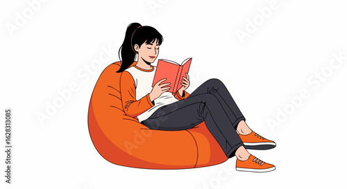 A young woman with a ponytail, wearing a casual orange shirt, sits comfortably on a beanbag chair while reading a book.