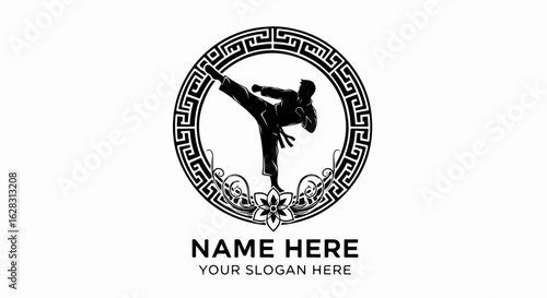 Black silhouette of a martial artist in a high kick pose, framed by an ornate circular border with a Greek key pattern.