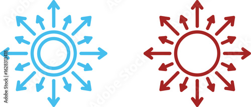 Two circular symbols with radiating arrows in blue and red on a white background illustration design