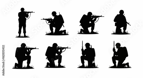 Collection of military soldier silhouettes in combat poses, standing and kneeling with rifles and bayonets.