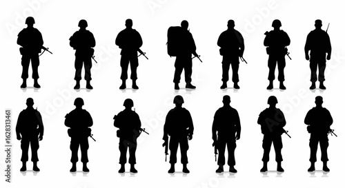 Collection of Armed Military Soldier Silhouettes in Full Combat Gear