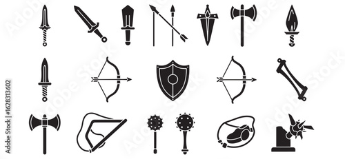 Collection of medieval weaponry icons depicting swords shields bows and axes in vector style