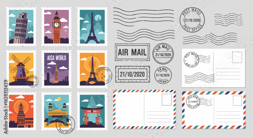 Colorful travel postage stamps and airmail elements with famous world landmarks.