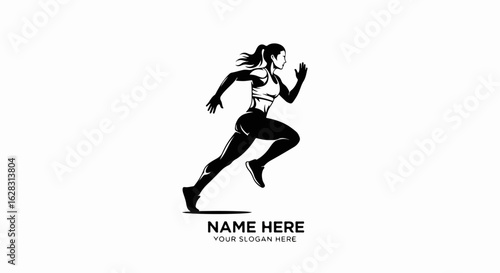Dynamic black and white illustration of a fit, muscular woman running in profile, wearing sportswear with a ponytail.