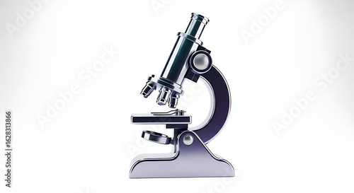 A chrome microscope stands on a white surface with a bright white background behind it in a studio shot