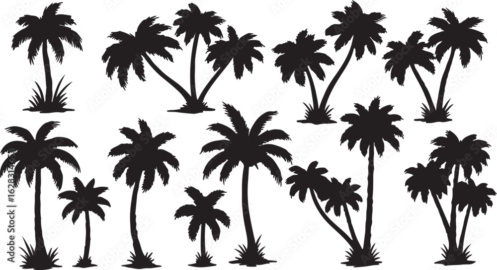 Obraz premium Diverse Black Silhouettes of Palm Trees with Grass and Varying Heights tropical island