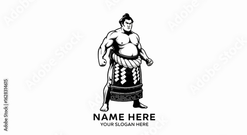 Powerful sumo wrestler illustration in a ready stance, with a chonmage hairstyle and decorative kensho-mawashi.