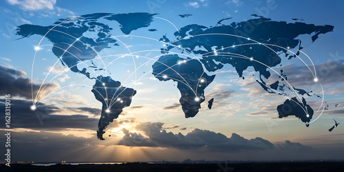 Global network connection on world map with seascape and blue sky background