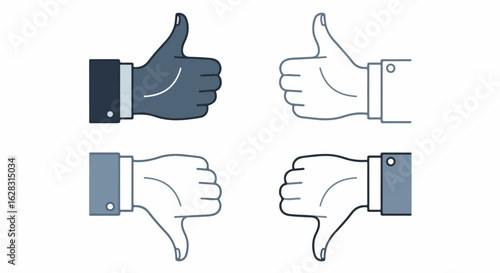 Set of four flat line art icons with thumbs up and thumbs down gestures for feedback and rating.
