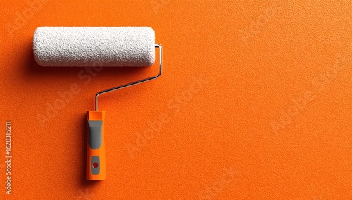 Fototapeta Naklejka Na Ścianę i Meble -  A white paint roller rests atop an orange surface.  The roller's handle is orange and gray