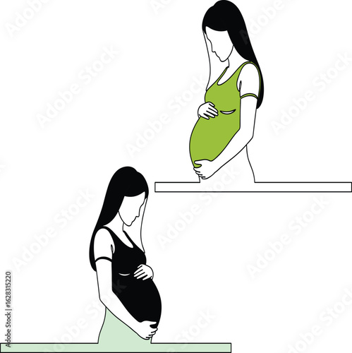 Pregnant woman illustration, maternity concept, expecting mother, prenatal care, motherhood journey, belly holding pose, health awareness, vector art, pregnancy stages, maternal love