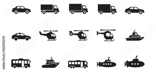 Collection of vector icons representing different modes of transportation on white background