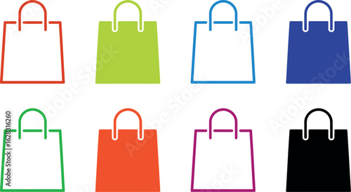 Eight colorful shopping bags arranged in a grid pattern on a white background in a simple vector style