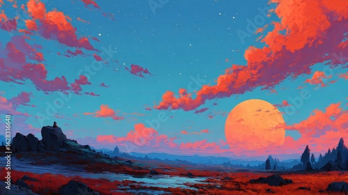 Vibrant Sunset Over Retro Landscape Digital Art