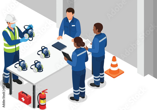 Construction workers reviewing safety equipment and procedures on the job site