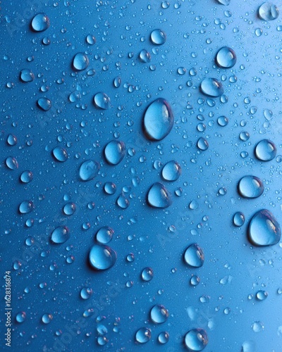 Close-up view of water droplets on a vibrant blue surface