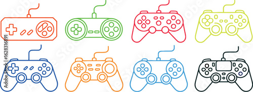 A seamless pattern of colorful video game controllers on a white background in a flat lay design style