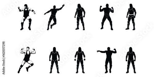 Professional Wrestler Silhouette Icon Set – Combat Sports Vector Illustration